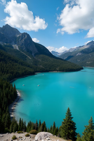 Beautiful turquoise lake in the mountains on a sunny dayの素材