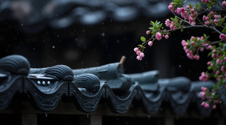 Sakura blossom with rain drops on the roof of the houseの素材