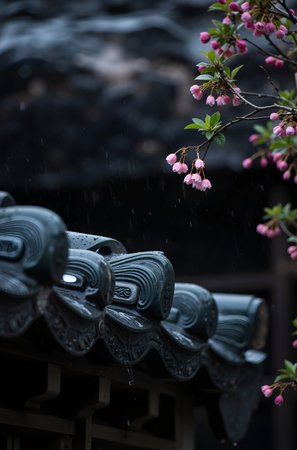 Japanese temple roof with cherry blossoms in spring. Selective focus.の素材
