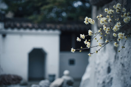 White cherry blossoms in the garden of a temple in China.の素材