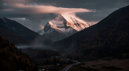 Mountain landscape with snow-capped peaks in the morning lightの素材