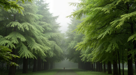Morning in the forest with fog and trees in the foreground, nature seriesの素材