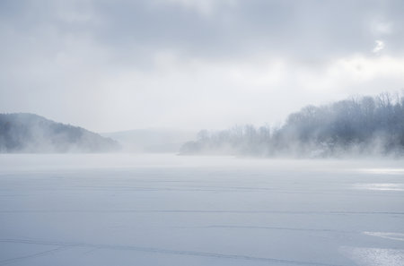 Frozen lake in the winter with fog and trees in the backgroundの素材
