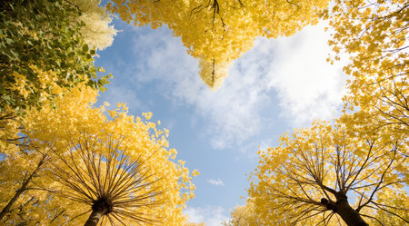 Ginkgo trees and blue sky in autumn season, Japan.の素材