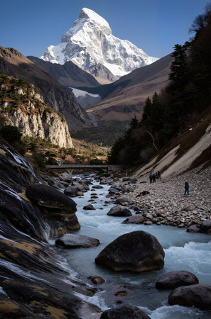 Matterhorn and river in Himalayas, Annapurna region, Nepalの素材