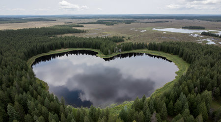 Aerial view of a small lake in the middle of a forest.の素材