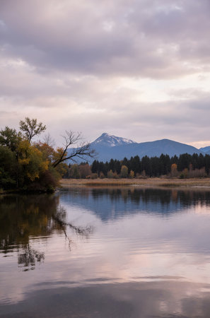 Autumn Landscape with a lake and Mt. Hood in the backgroundの素材