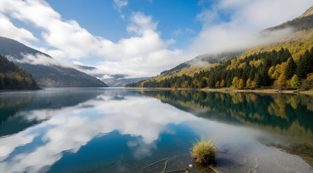 Autumn colors on the lake in mountains. Beautiful landscape with mountains, forest and blue sky.の素材