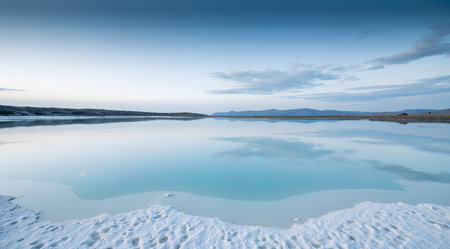 Icelandic winter landscape with frozen lake and mountains in the backgroundの素材
