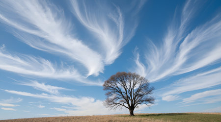 Tree in the middle of a field with clouds in the blue skyの素材