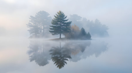 Foggy morning on a lake with a pine tree reflected in the waterの素材