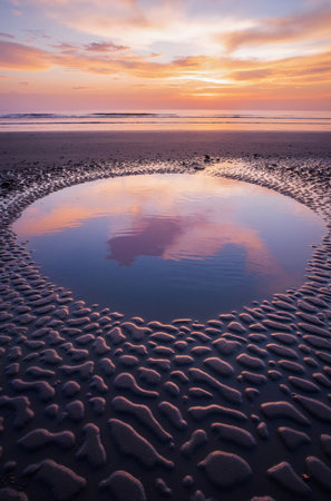 Reflection of the sunset in the water on the beach of the Baltic Seaの素材