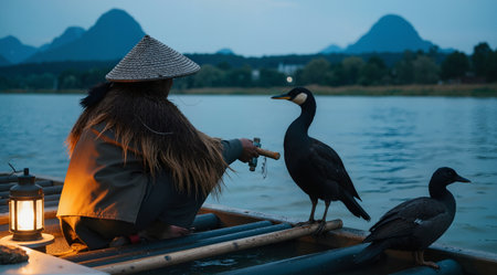 A young woman in a hat sits on a boat and feeds a cormorant on a lake.の素材