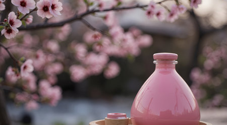 Pink bottle of perfume with blooming sakura in the background.の素材