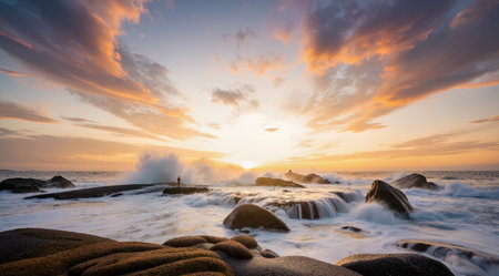 Beautiful seascape at sunset. Dramatic sky with glowing clouds. Natural composition.の素材