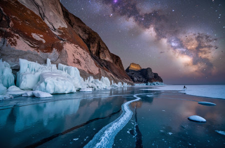 Milky Way over Lake Baikal in winter, Siberia, Russiaの素材
