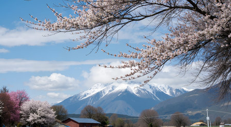 Cherry blossoms in full bloom in front of the snowy mountainsの素材