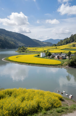 Rape blossoms along the banks of the Wuyuan Riverの素材