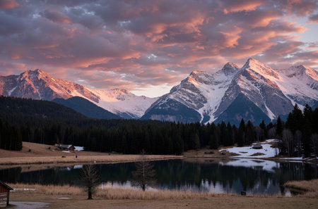 Sunset in the Dolomites, Italy. Lake and mountainsの素材
