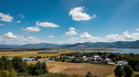 Panoramic view of the lake and the village in the autumnの素材
