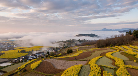 Aerial view of rape field and village in the morning with fogの素材