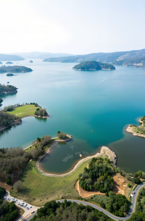 Aerial view of Vacha (Antonivanovtsi) Reservoir, Rhodope Mountains, Plovdiv Region, Bulgariaの素材