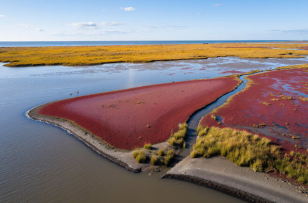 Aerial view of red salinas in the Salinas del Mar, Argentinaの素材