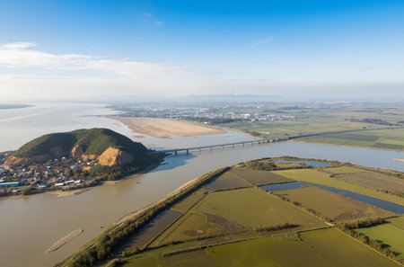 Aerial view of the Danube River in Serbia, Europe.の素材