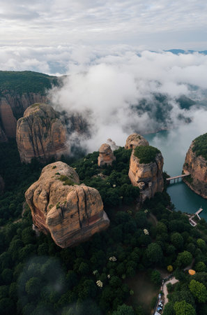 aerial view of Meteora rock formation in Greece with fogの素材