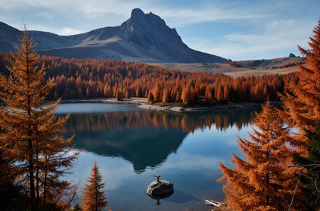 Autumn lake in the Dolomites, Italy. The concept of active and photo tourismの素材