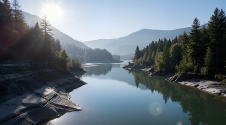 Landscape with mountain river and coniferous forest on a sunny dayの素材