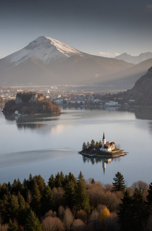 Panoramic view of Bled lake, Slovenia, Europe.の素材