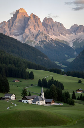 Mountain landscape with church in the Dolomites, Italy.の素材
