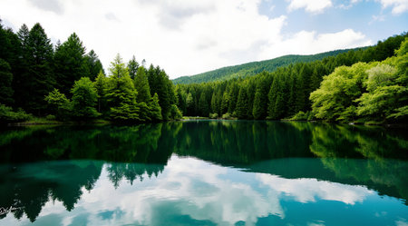 Beautiful mountain lake in the middle of green forest and blue skyの素材