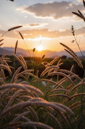 Grass flower on sunset background with sun light and mountain in the backgroundの素材