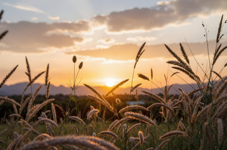 Grass flower in the field with sunset background, soft focus.の素材
