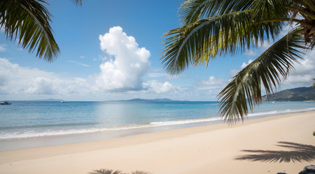 Beautiful tropical beach with coconut palm trees and blue sky background.の素材