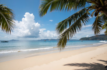 Tropical beach with palm trees, blue sky and white cloudsの素材