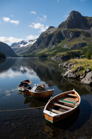 Fishing boats on the fjord in Norway, Scandinaviaの素材
