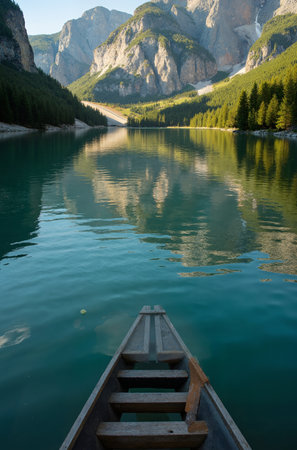 Boat on the emerald lake in Dolomites, Italyの素材