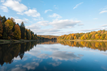 Autumn landscape with colorful forest on the lake shore and blue skyの素材