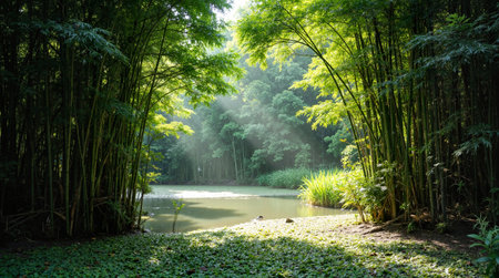 Bamboo forest and lake in the morning with sunbeams.の素材