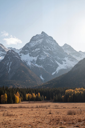 Autumn alpine landscape with snow-capped peaks in the backgroundの素材