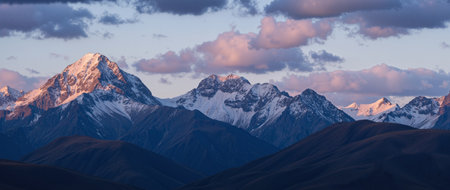 Panorama of Himalaya mountain range at sunset, Annapurna Circuit Trek, Nepalの素材