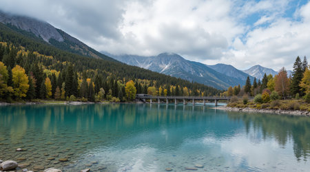 Mountain lake in autumn. Yading national level reserve, Daocheng County, Sichuan Province, China.の素材