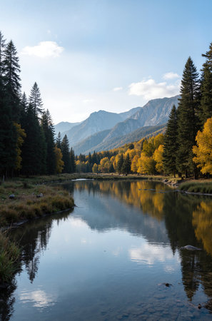 Landscape view of autumnal alpine scenery with lake and forestの素材