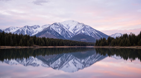 Mountains reflected in a lake at sunset, Alberta, Canada.の素材