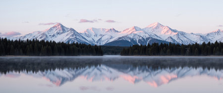 Mountain lake at sunrise, Jasper National Park, Alberta, Canadaの素材