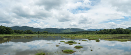 Panoramic view of the river and the mountains in the backgroundの素材