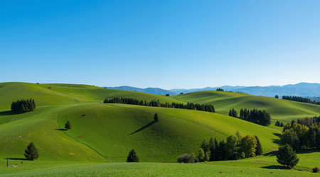 Landscape with green hills and blue sky in Tuscany, Italyの素材